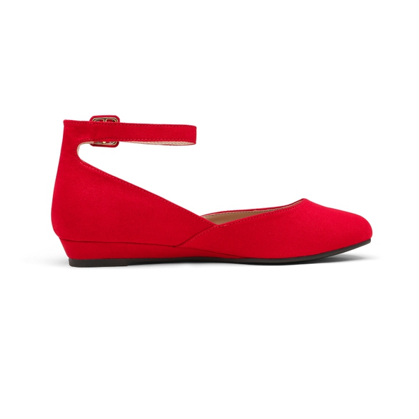Comfortable Ankle Strap Low Wedge Flats - RED SUEDE - 3